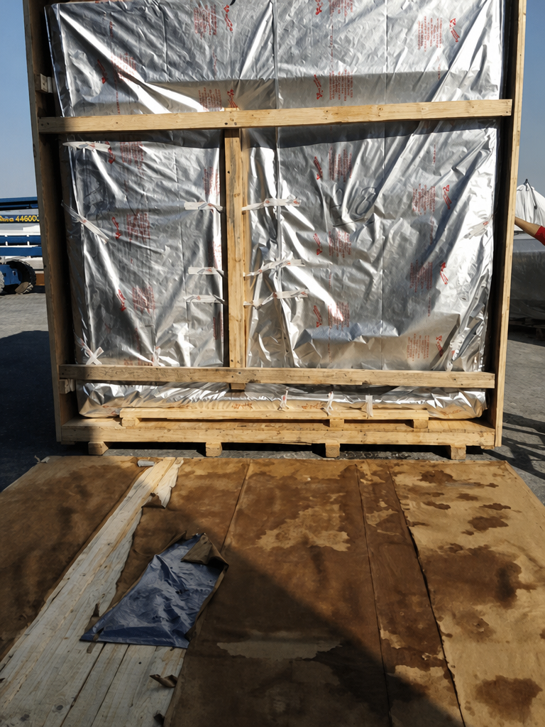 A large flat object encased in silver metallic protective film in a wooden shipping frame