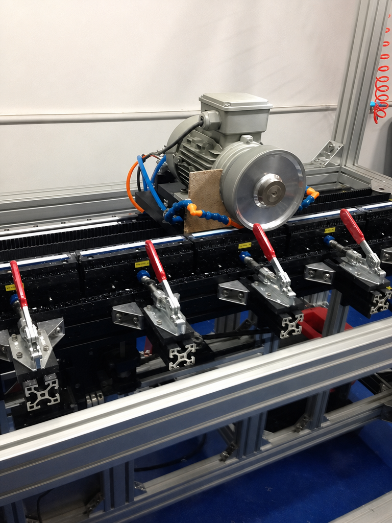 An industrial test rig with an electric motor on an aluminum extrusion frame