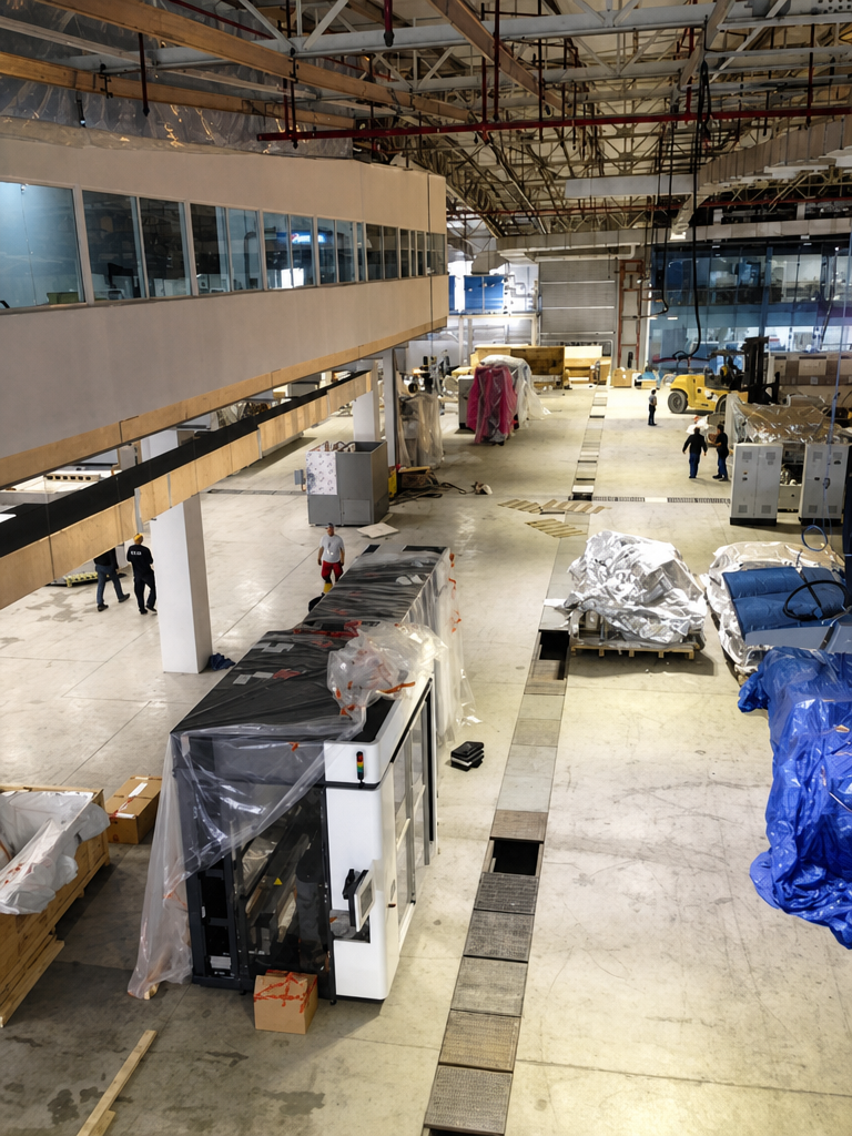 An elevated, wide-angle view of a large industrial factory floor