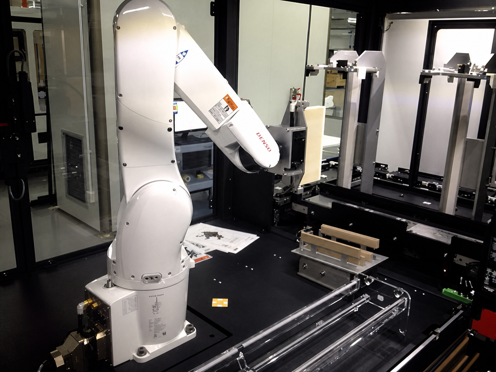 A white industrial Denso robotic arm in a laboratory or factory setting