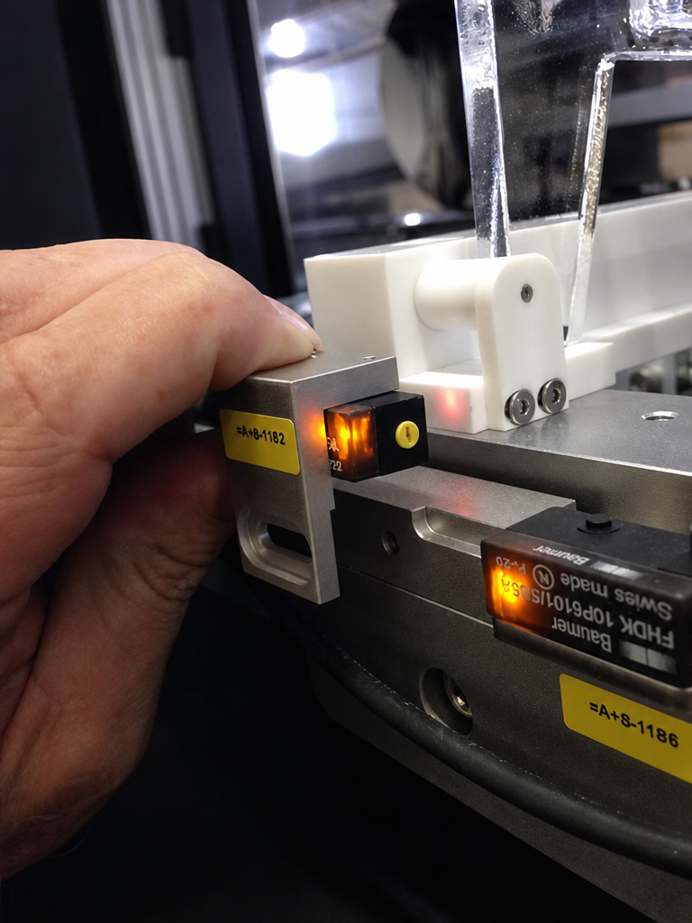 A hand adjusting a metal bracket with an illuminated sensor on industrial machinery