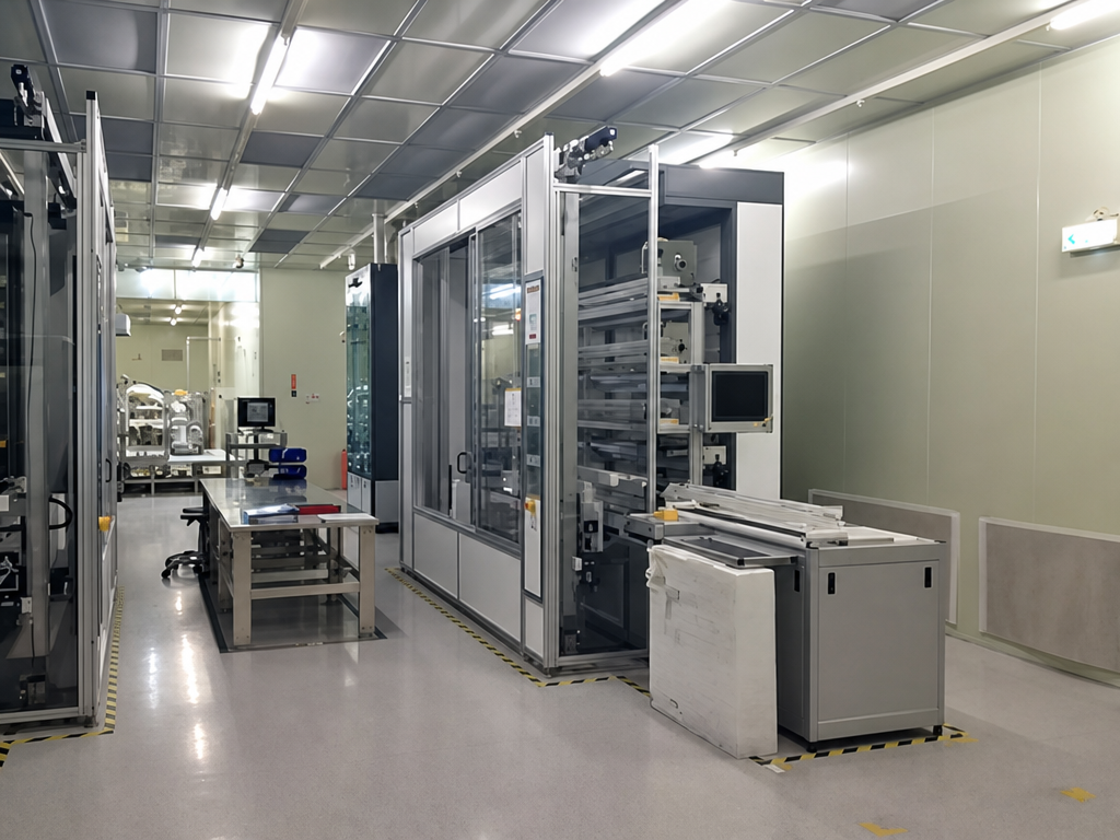 An industrial manufacturing or clean room facility with glass and metal machinery