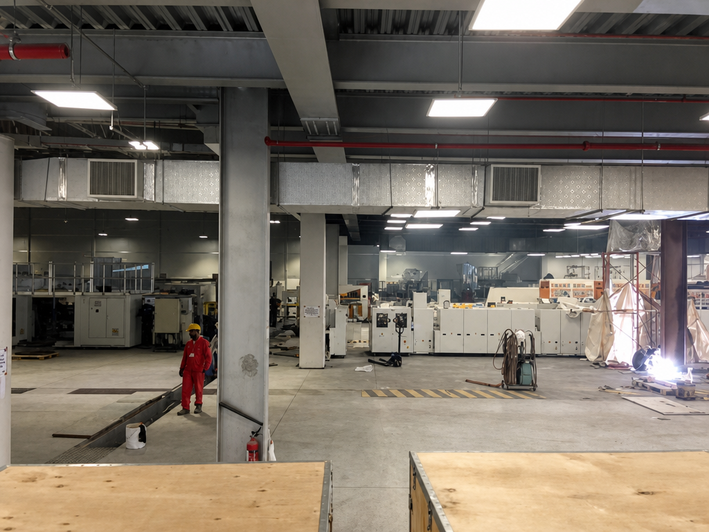 A wide-angle view inside an industrial factory or warehouse space