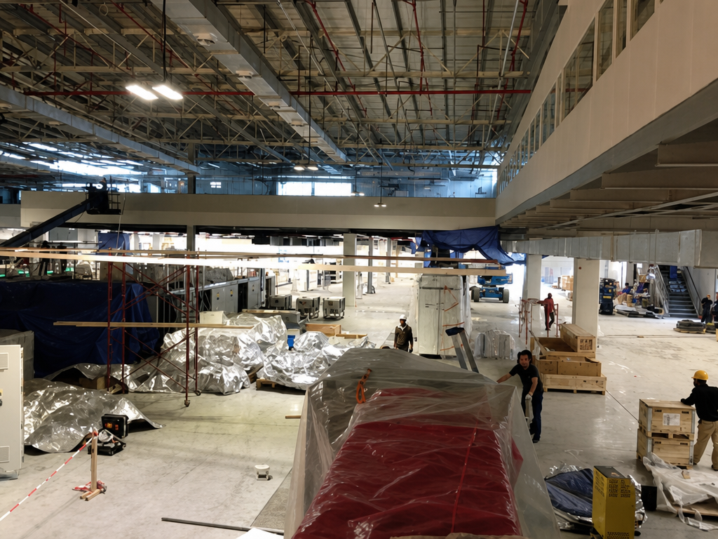Workers in a large unfinished warehouse or industrial hall undergoing renovation