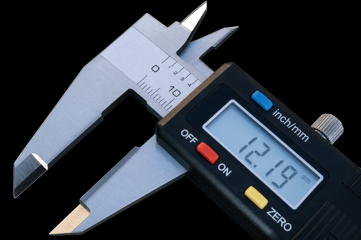A stainless steel digital caliper showing a measurement of 12.19